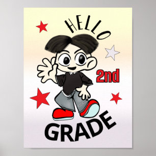 Cute Anime Boy Hello 2nd Grade Poster