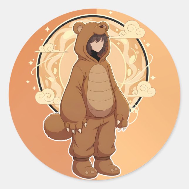 Cute Anime Boy in Bear Classic Round Sticker (Front)