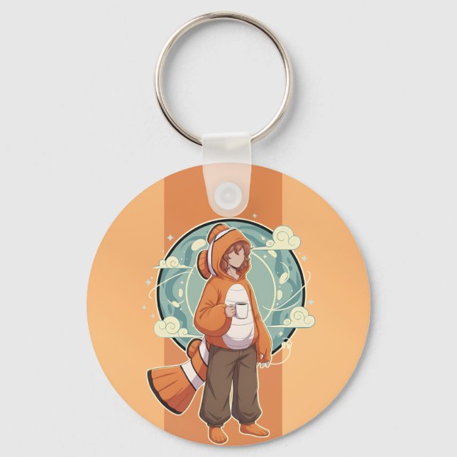 Cute Anime Boy in Clownfish Costume drinking Coffe Key Ring (Front)