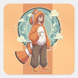 Cute Anime Boy in Clownfish Costume drinking Coffe Square Sticker
