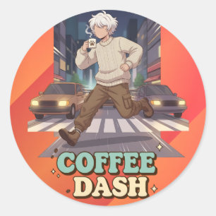 Cute Anime Boy Running in the City with Coffee Classic Round Sticker