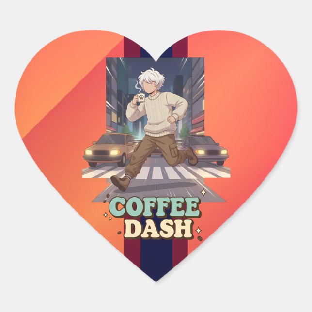 Cute Anime Boy Running in the City with Coffee Heart Sticker (Front)