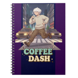 Cute Anime Boy Running in the City with Coffee Notebook