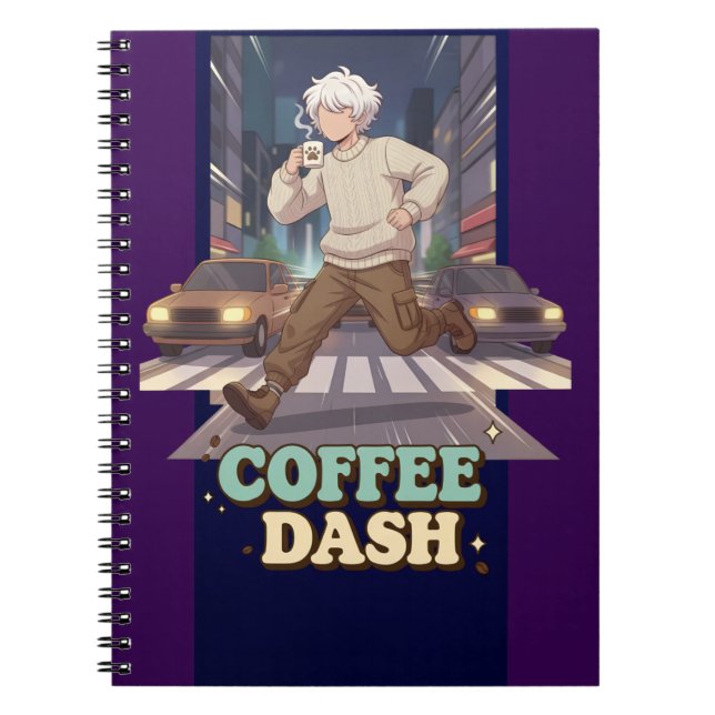 Cute Anime Boy Running in the City with Coffee Notebook (Front)