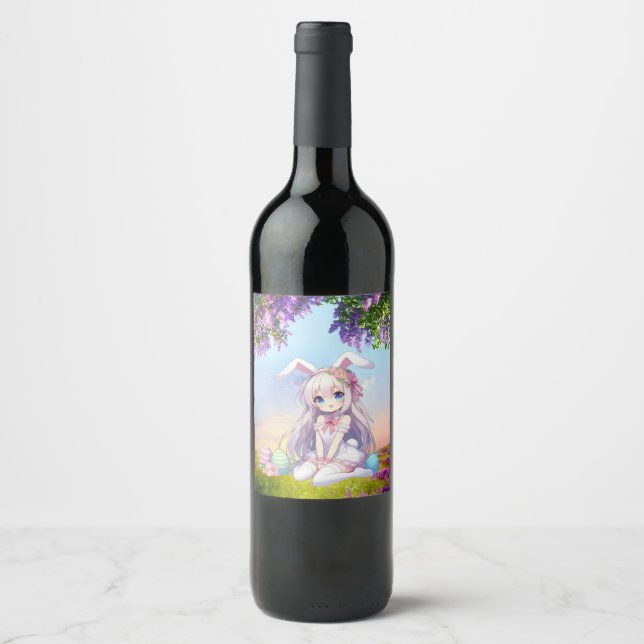cute, anime bunny spring/Easter Wine Label (Front)