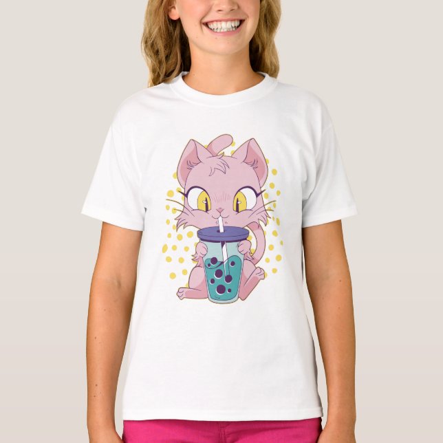 Cute anime cat drinking boba tea T-Shirt (Front)