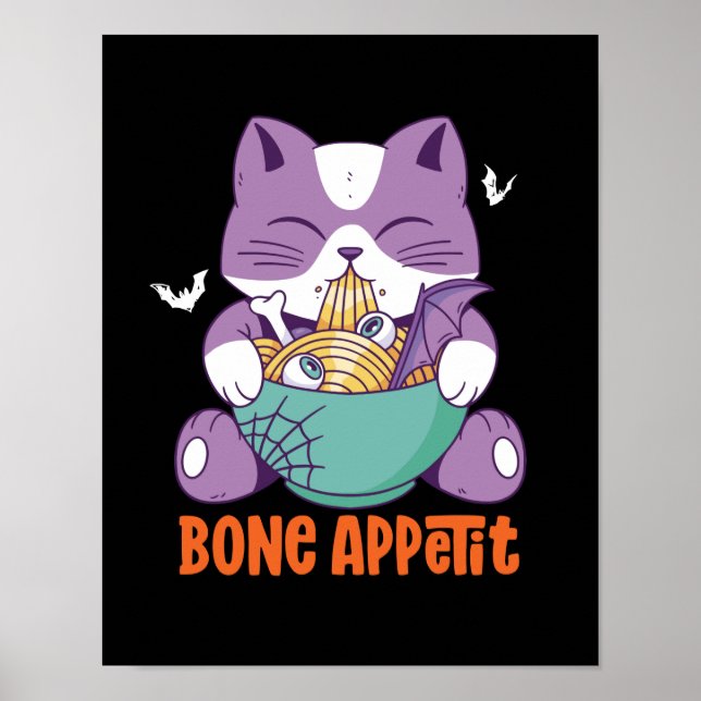 Cute Anime Cat Eat Ramen Bon Appetit Halloween Poster (Front)
