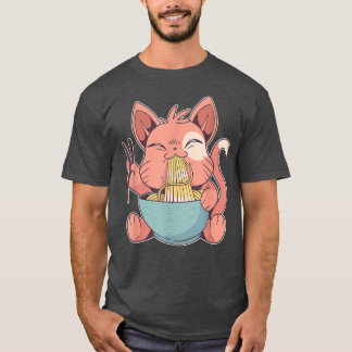 Cute anime cat feeds pasta in ramen soup  T-Shirt