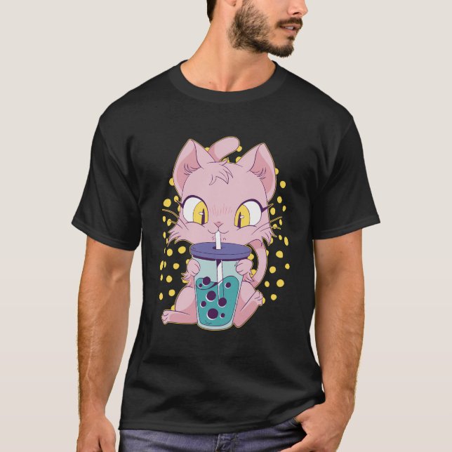 Cute Anime Cat With Bubble Tea Boba L Japanese Kaw T-Shirt (Front)