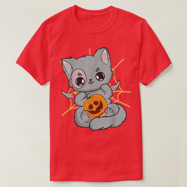 Cute Anime Cat With Pumpkin Manga Neko Meow Hallow T-Shirt (Design Front)