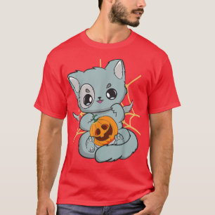 Cute Anime Cat With Pumpkin Manga Neko Meow Hallow T-Shirt