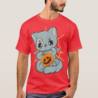 Cute Anime Cat With Pumpkin Manga Neko Meow Hallow T-Shirt