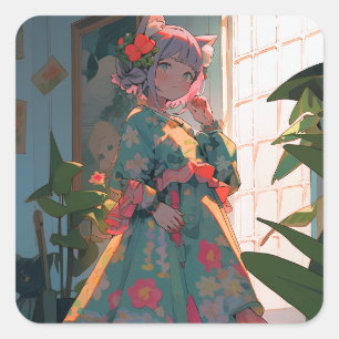 Cute Anime Catgirl Square Sticker