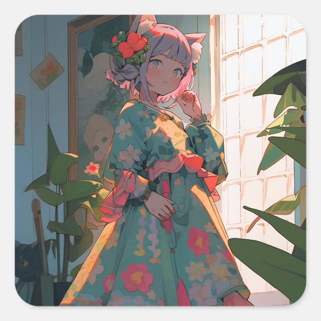 Cute Anime Catgirl Square Sticker (Front)