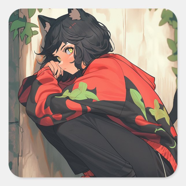 Cute Anime Catgirl Square Sticker (Front)