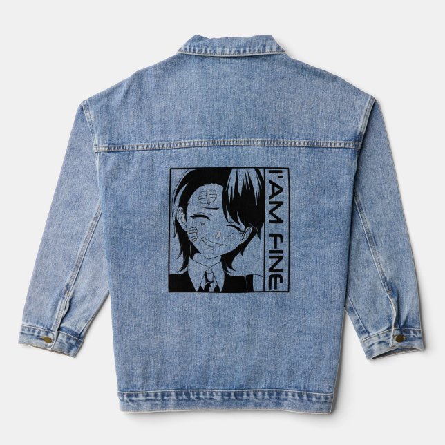 Cute Anime Character: "I'M FINE" Denim Jacket (Back)
