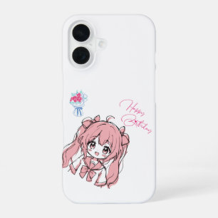 Cute Anime Chibi Girl Happy Birthday Pink iPhone 16 Case
