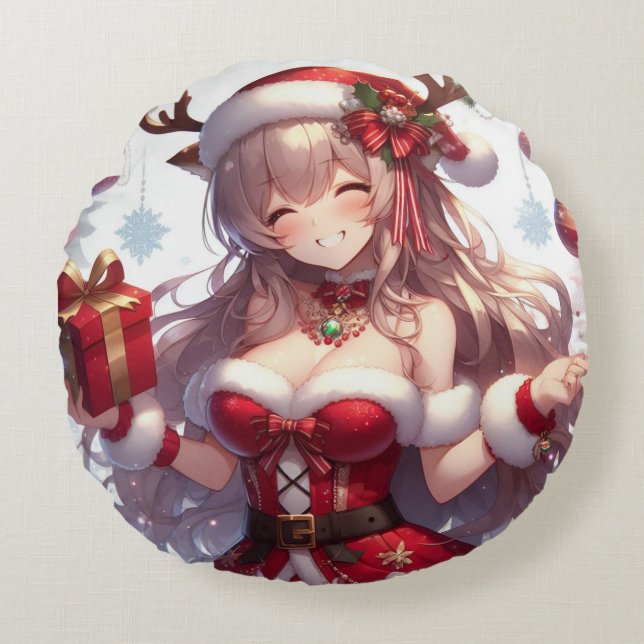 Cute anime Christmas girl Round Cushion (Front)