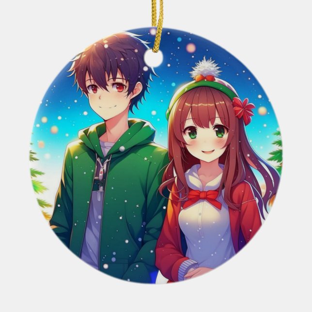 Cute Anime Couple Christmas Ceramic Tree Decoration (Front)