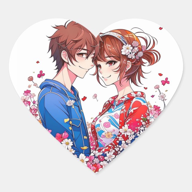 Cute Anime Couple Cuddling Heart Sticker (Front)