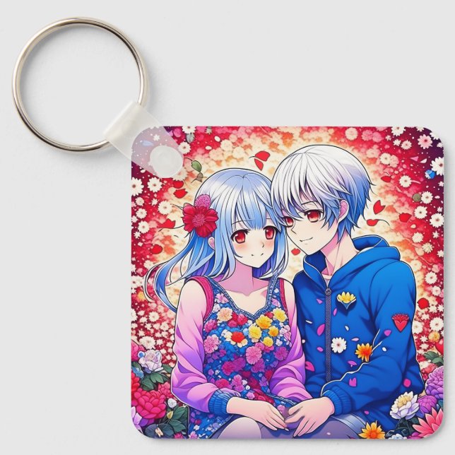 Cute Anime Couple, Flowers and Heart Personalised Key Ring (Front)