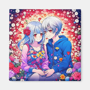 Cute Anime Couple, Flowers and Hearts Magnet