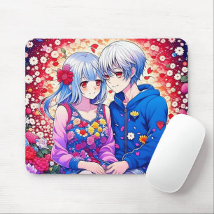 Cute Anime Couple, Flowers and Hearts  Mouse Mat