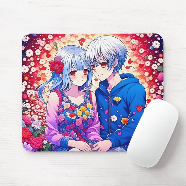 Cute Anime Couple, Flowers and Hearts  Mouse Mat (With Mouse)