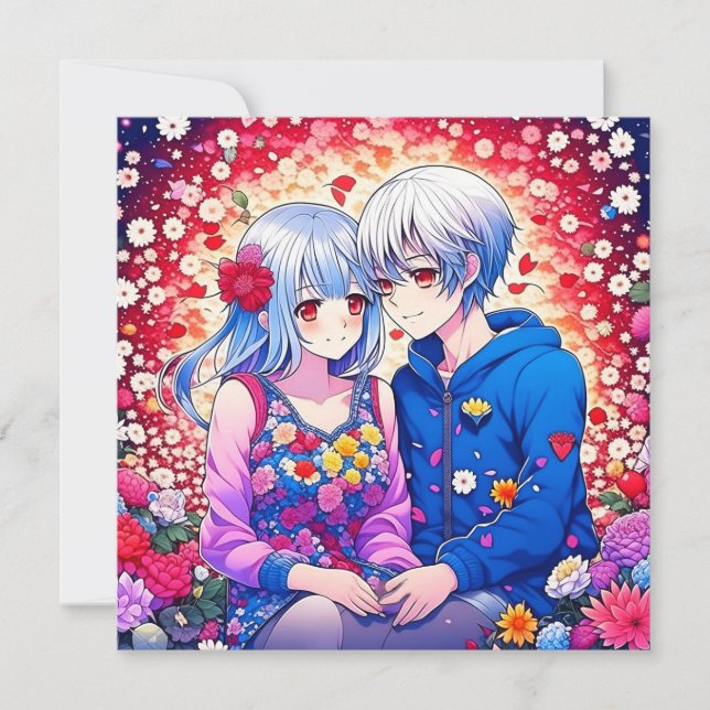 Cute Anime Couple, Flowers and Hearts Personalised (Front)