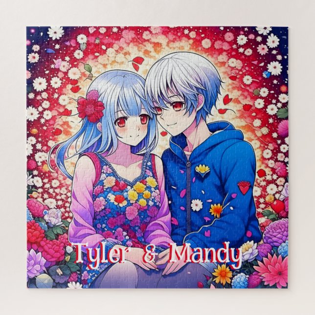 Cute Anime Couple, Flowers and Hearts Personalised Jigsaw Puzzle (Vertical)
