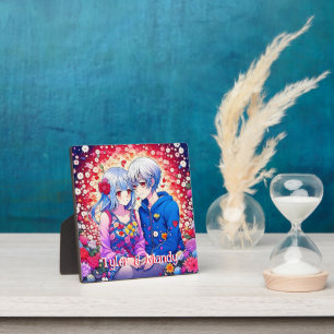 Cute Anime Couple, Flowers and Hearts Personalised Plaque