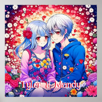 Cute Anime Couple, Flowers and Hearts Personalised