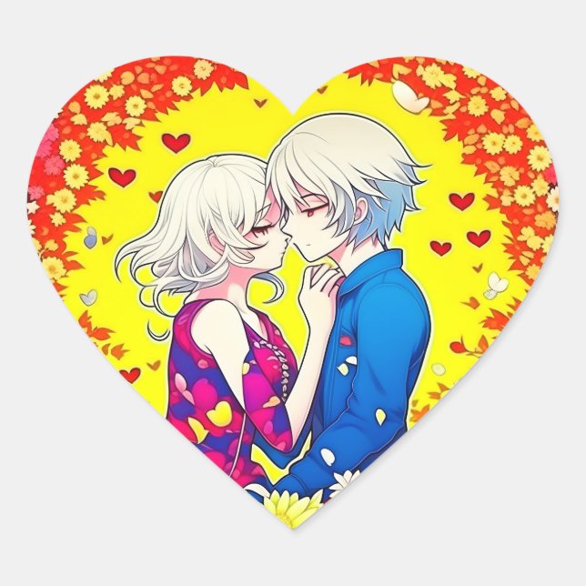 Cute Anime Couple, Hearts and Flowers Heart Sticker (Front)