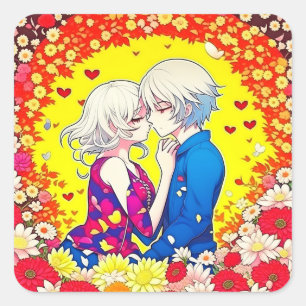Cute Anime Couple, Hearts and Flowers Square Sticker