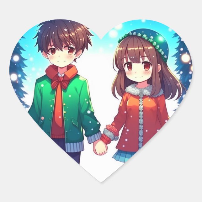 Cute Anime Couple Holding Hands Christmas Heart Sticker (Front)