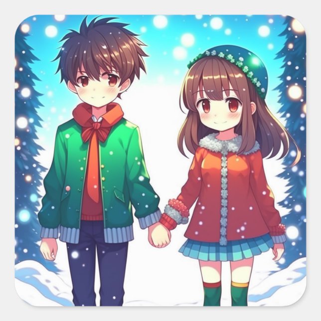 Cute Anime Couple Holding Hands Christmas Square Sticker (Front)