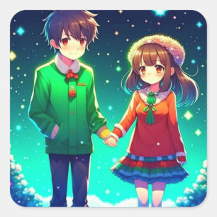 Cute Anime Couple Holding Hands Personalised  Square Sticker