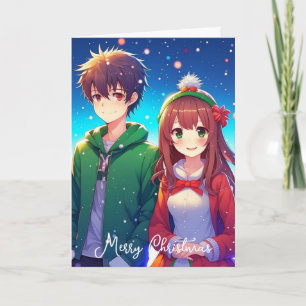 Cute Anime Couple Merry Christmas from Us Card
