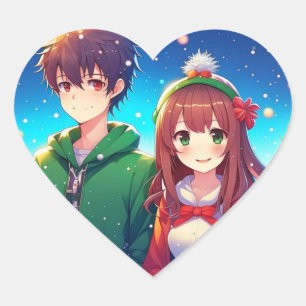 Cute Anime Couple   Merry Christmas  Heart Sticker