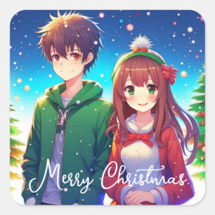 Cute Anime Couple   Merry Christmas  Square Sticker