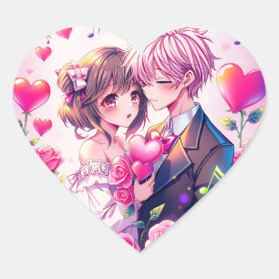 Cute Anime Couple   Valentine's Day Heart Sticker
