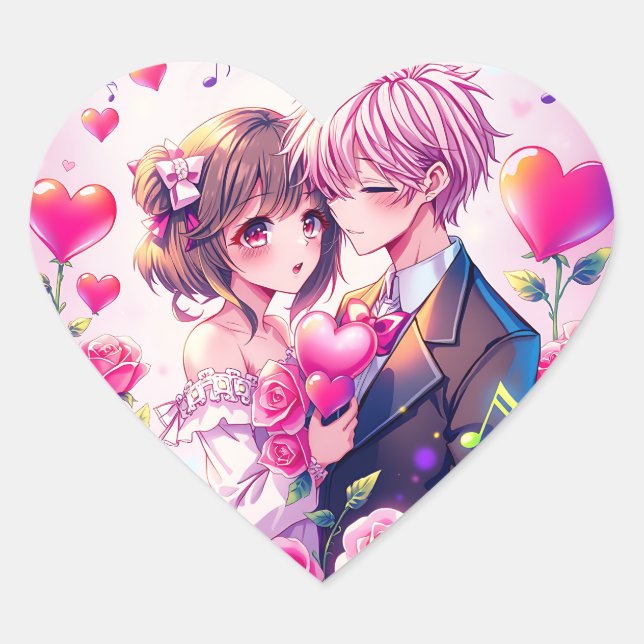 Cute Anime Couple | Valentine's Day Heart Sticker (Front)