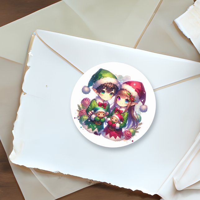 Cute Anime Elves Christmas Classic Round Sticker (Creator Uploaded)