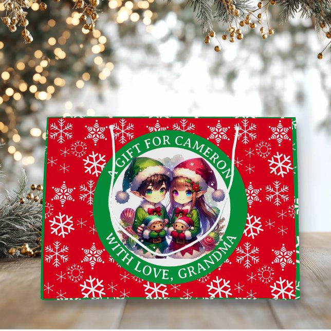 Cute Anime Elves Christmas Personalised Large Gift Bag (Creator Uploaded)
