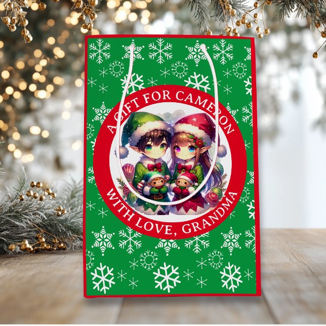 Cute Anime Elves Christmas Personalised Medium Gift Bag (Creator Uploaded)