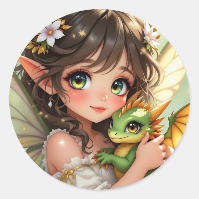Cute Anime Fairy and Chibi Dragon  Classic Round Sticker (Front)