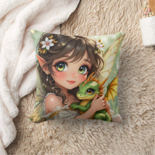 Cute Anime Fairy and Chibi Dragon Cushion