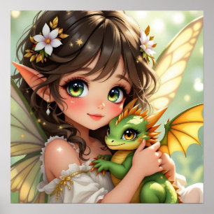 Cute Anime Fairy and Chibi Dragon Poster