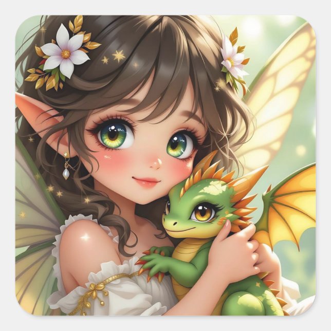 Cute Anime Fairy and Chibi Dragon  Square Sticker (Front)