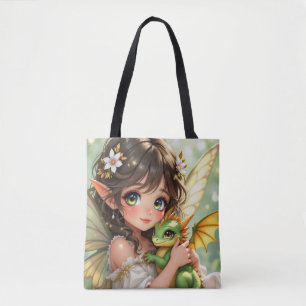 Cute Anime Fairy and Chibi Dragon Tote Bag